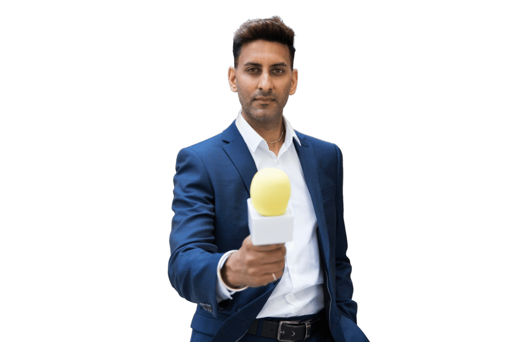 Confident Indian journalist holding microphone for live news coverage